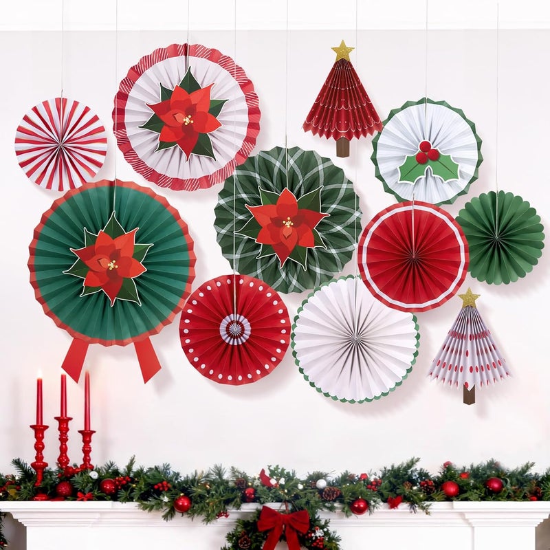paper jazz 15cs Christmas Hanging Paper Fans with Poinsettia Christmas Paper Tree,Vintage Christmas Red Green White Wall Decorations for Xmas,New Year,Winter Party,Holiday Party. - Image 2